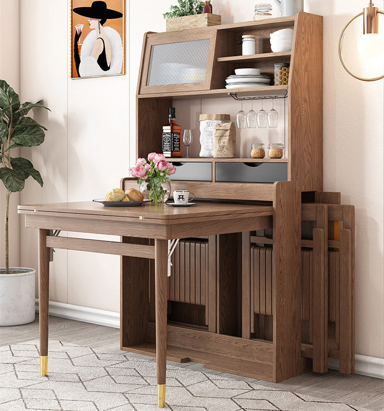 Space Saving Foldable and Extendable Side Table with Hutch Cabinet