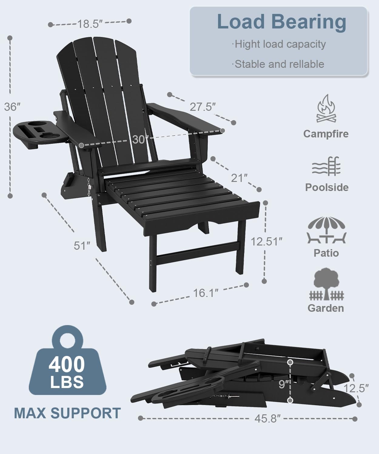 Deluxe Folding Adirondack Chair with Adjustable Back & Retractable Ottoman