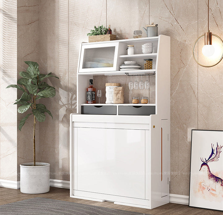 Space Saving Foldable and Extendable Side Table with Hutch Cabinet