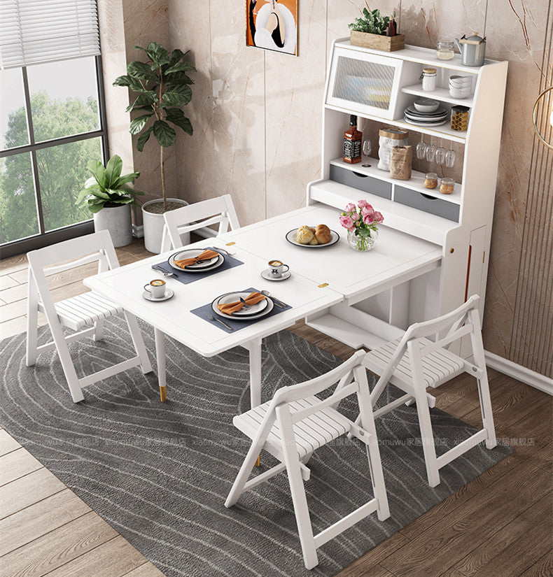 Space Saving Foldable and Extendable Side Table with Hutch Cabinet