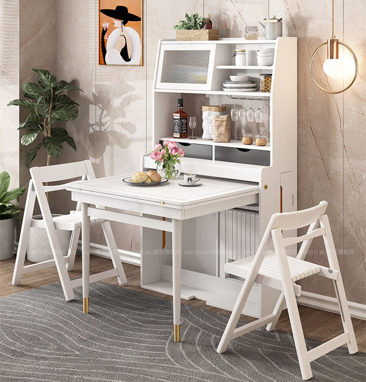 Space Saving Foldable and Extendable Side Table with Hutch Cabinet